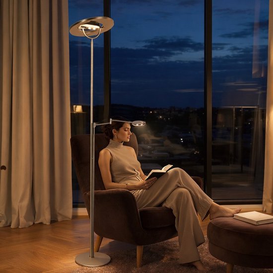 Staalkleurige vloerlamp 4386ST - Soleil 2 met draaibare en kantelbare arm, 185 cm hoog, modern staal, 6500 lumen, Steinhauer Exclusive