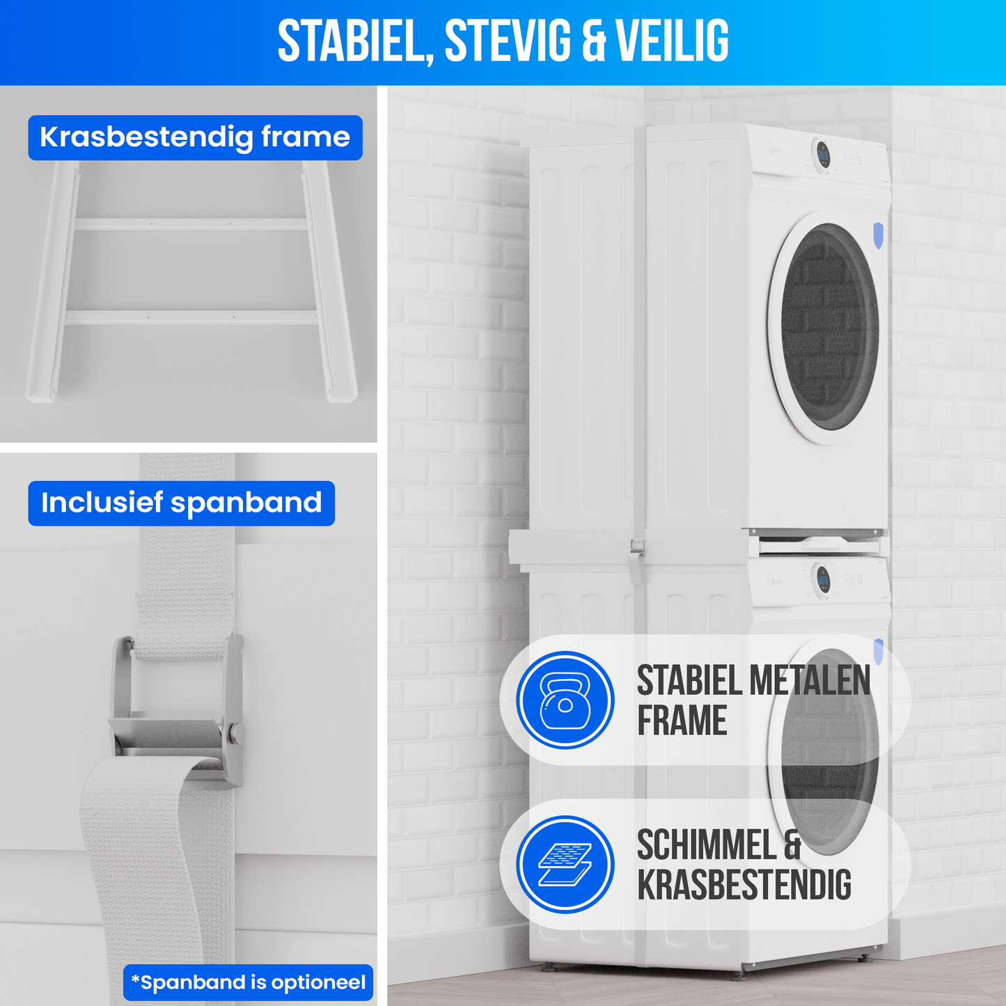 Strex Tussenstuk Wasmachine Droger - Stapelkit - Uitschuifbare Lade - Universeel