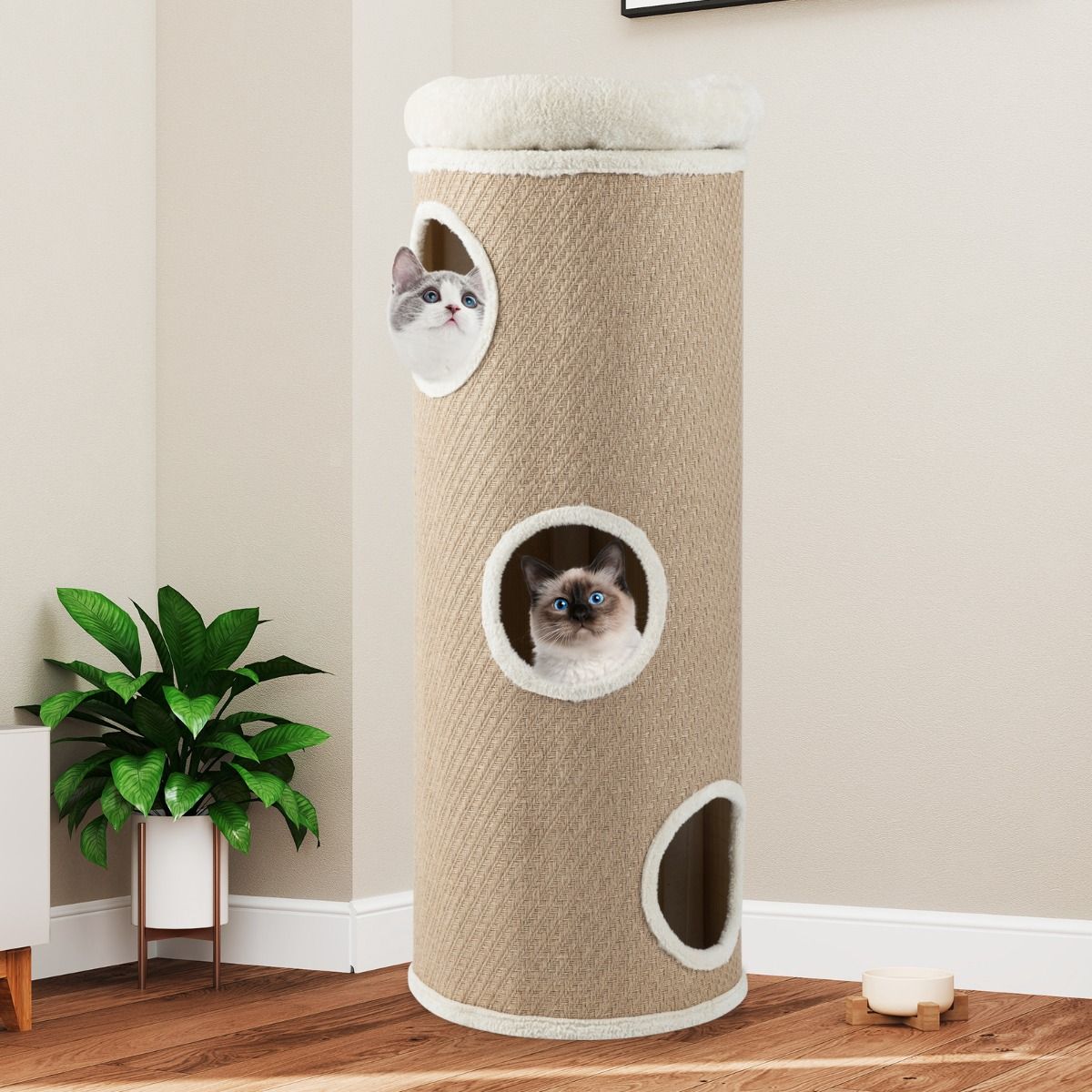 Coast Kattenhuis met Vier Verdiepingen - Pluche Bed - Sisal Krabpalen - Bruin 43 x 43 x 113 cm
