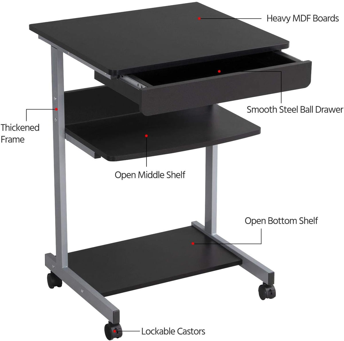 Yaheetech klein Mobiel Computerbureau 56 x 51 x 80 cm - Zwart - met wielen