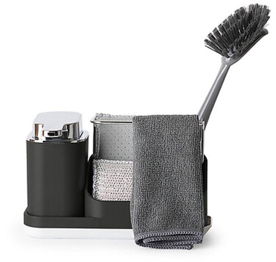 5Five Zeeppompje met keuken aanrecht organiser - zwart - 3 compartimenten - kunststof - 22 x 13 x 14 cm