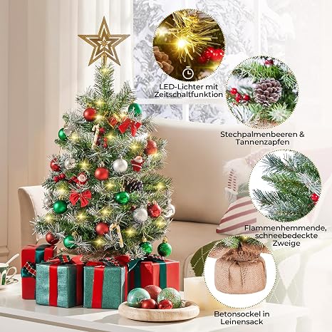 Yaheetech Mini Kunstkerstbomen 61 cm - Set van 2 - Sneeuw - LED Verlichting