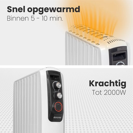 Auronic Olieradiator met Thermostaat - 2000W Heater - Elektrische kachel - Timer - 3 Standen - Wit