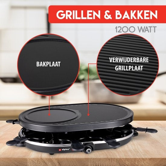 Alpina Gourmetstel - Bakplaat - met Pannetjes en Spatels - 1200W - 8 Personen
