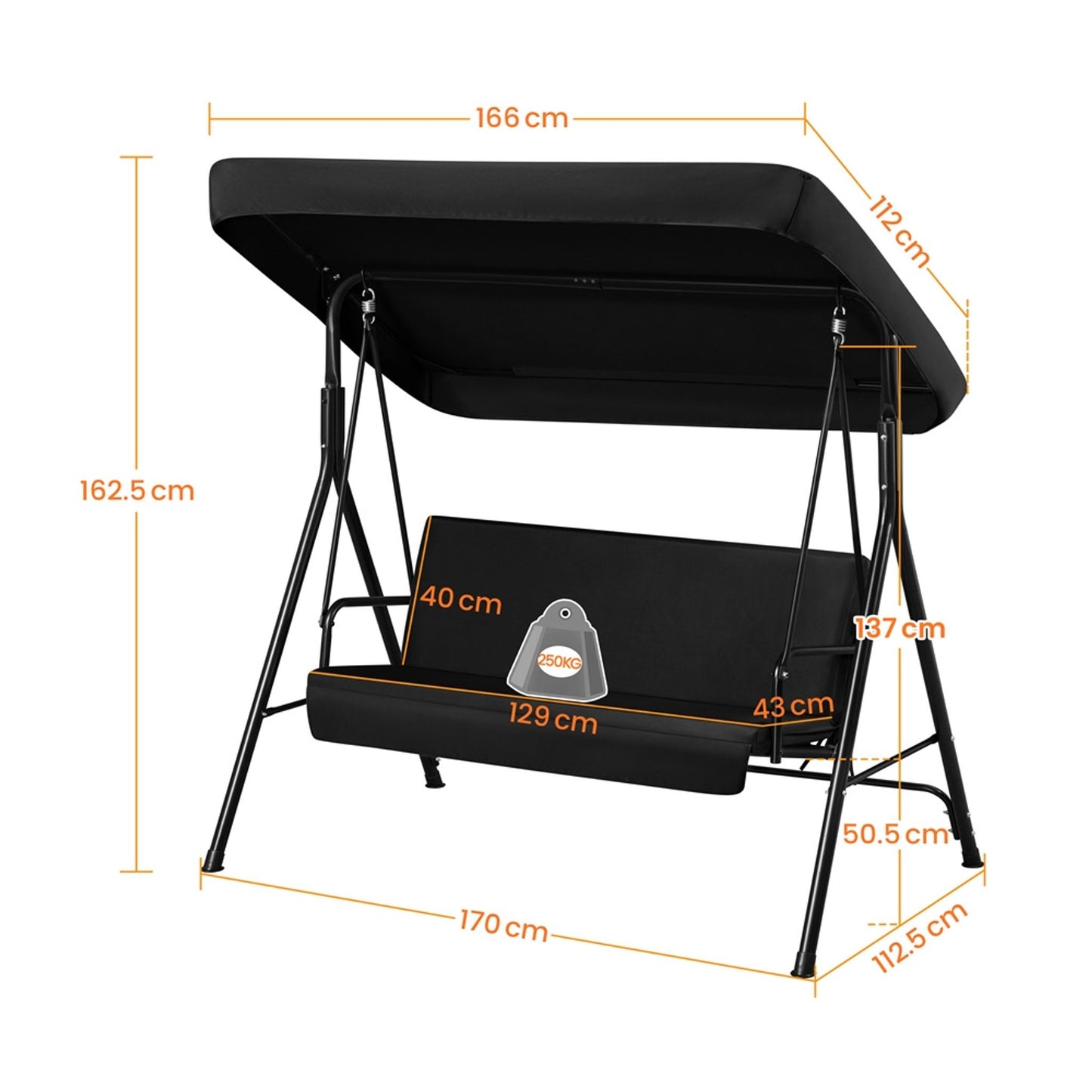 Yaheetech 3-zits Hollywoodschommel met Verstelbaar Zonnescherm - 170 x 112,5 x 162,5 cm - Zwart