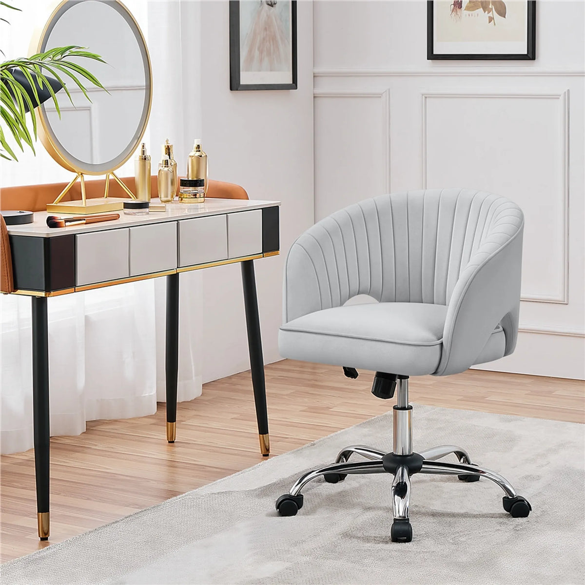 Yaheetech Bureaustoel Fauteuil – 60 x 56,5 x 73-83 cm – Voorzien Van Fluweelzachte Bekleding En Verstelbare Zithoogte En Ontspannende Schommelfunctie – Voor Kantoor En Ontvangsthal – Lichtgrijs Polyester En Metaal