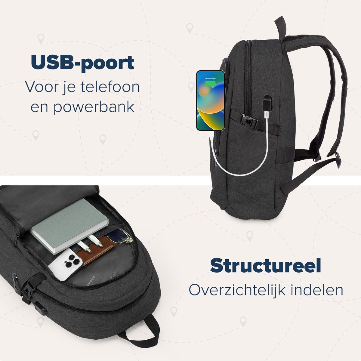 TRVLMORE Rugzak - 25L - 15,6 inch - Laptop Rugtas - Schooltas - Unisex - Spatwaterdicht Antraciet