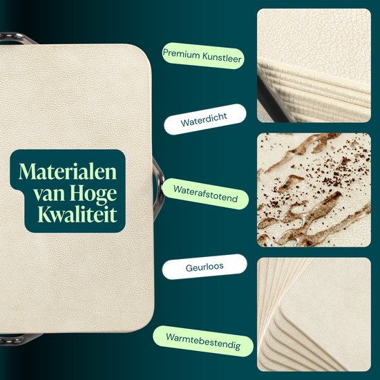 Castagnola Kunstlederen Onderzetters – Onderzetters voor Glazen – Design Onderzetters met Houder – Leren Onderzettersset met metalen houder – Leder – Set van 10 - Offwhite - 10x10cm