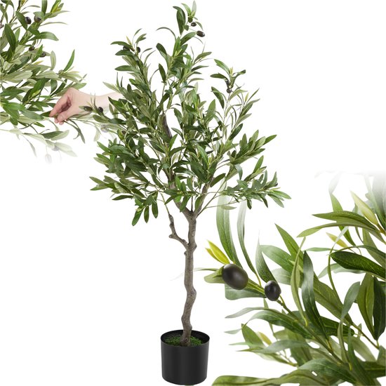 tectake® Kunstmatige Olijfboom Oleand – Mediterrane Kunstplant met Realistische Bladeren en Olijven – Onderhoudsvriendelijk en Veelzijdig – Inclusief Stevige Bloempot – Hoogte: 120 cm