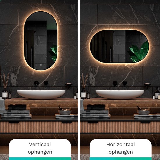 Mirlux Badkamerspiegel met LED Verlichting & Verwarming – Wandspiegel Ovaal – Anti Condens Douchespiegel - Zwart - 90x50CM