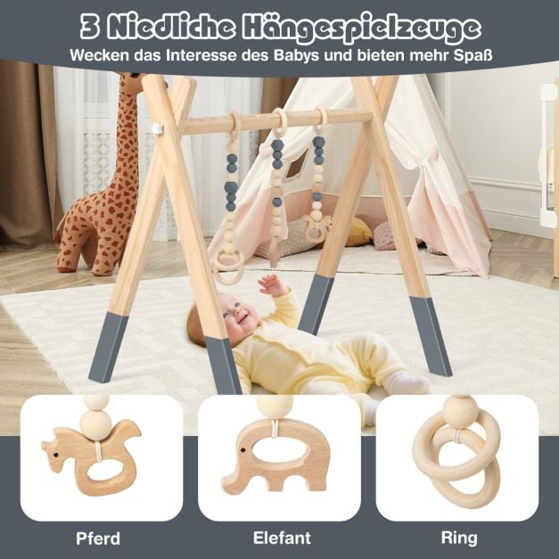 Coast Houten Babygym – 3 Hangspeeltjes – 60 x 44 x 60 cm – Groen, Grijs en Roze
