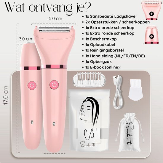 2-in-1 Ladyshave + 2 Extra Scheerkoppen - Gezicht - Oksels - Benen - Bikinilijn - Scheerapparaat Vrouw - Elektrisch Ontharen - Haarverwijderaar Dames - Trimmer Vrouw - Intieme Zone Schaamhaar - Ladyshaves Bikini