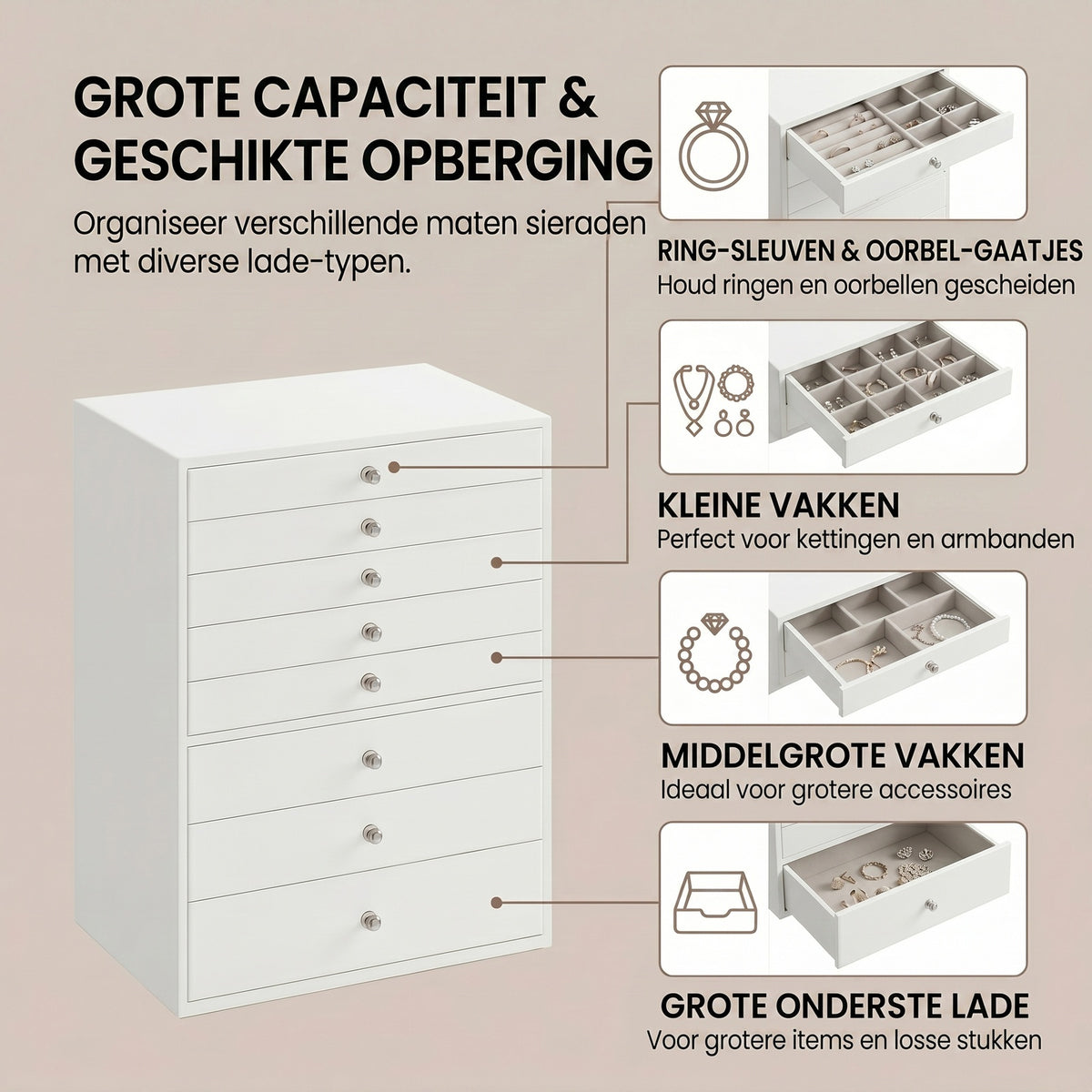 JOYFURNOS Sieradendienblad met Lades, 8-Laags Opbergdoos, Grote Capaciteit, Moderne Cadeau-idee, voor Slaapkamer, Wit
