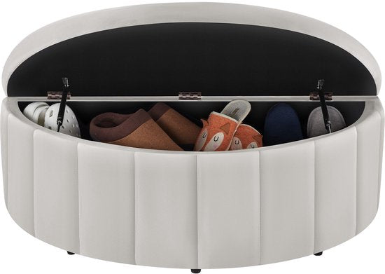 tectake® Gestoffeerde Bank Moon - Hocker met Opbergruimte - Groot Opbergvak - Halve Maan Vorm - Zitbankje - 108 x 48 x 38,5 cm - Draagkracht 150 kg - Fluweel Taupe