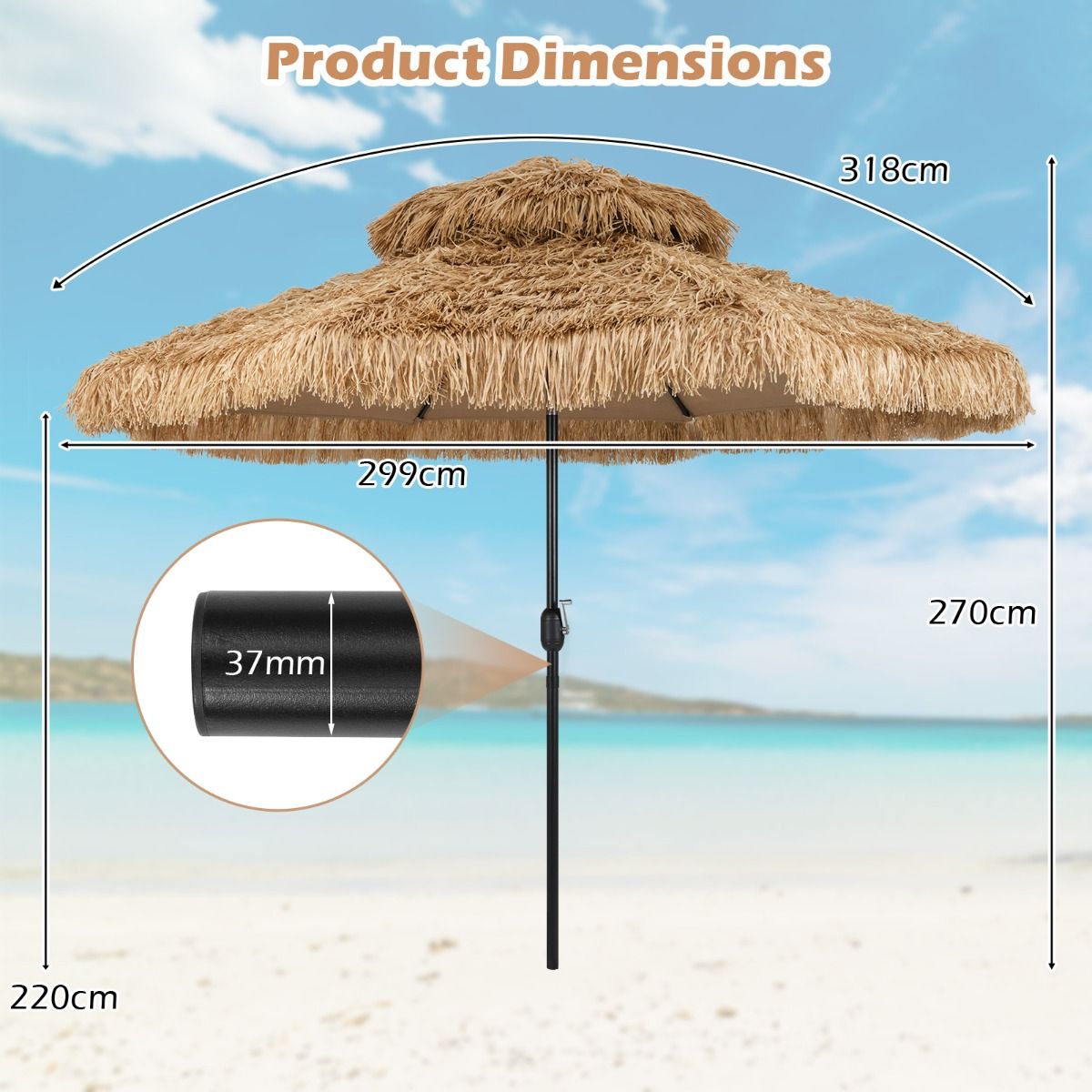 Coast 299 cm Rieten Tiki Parasol Hawaii Dubbeldeks Marktparasol – Naturel/Zwart, Ø 299 cm x 270 cm Hoog