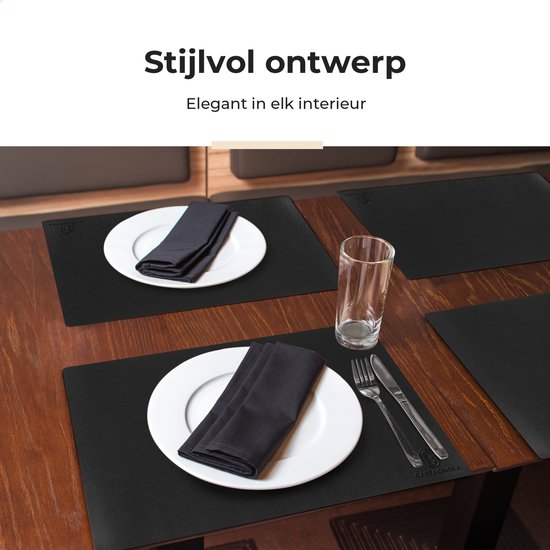 Castagnola Lederlook Placemats - Antislip Placemat van Kunstleer - Waterafstotende Onderlegger - Onderzetter - Placemats kunststof - 6 Stuks - 45 x 30 cm - Zwart
