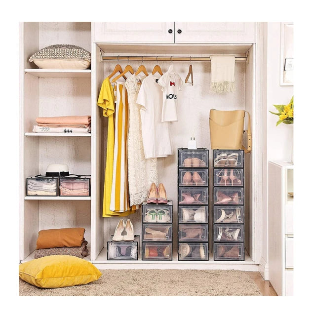 Songmics Opvouwbare Schoenendozen 18 stuks - 33,3 x 23 x 14 cm – Zwarte Kunststof Opbergboxen Met Deurtje