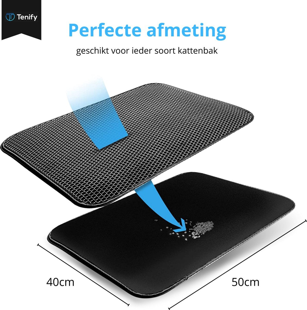 Tenify Kattenbakmat + Extra Kattenbak Schepje - 40 x 50 cm - Waterdicht - Dubbele laag - Honingraatstructuur - Uitloopmat - Mat