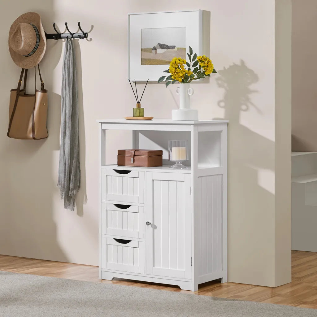 Yaheetech Badkamerkast 66 x 35 x 90 cm - Wit - Houten Opbergkast met 3 Laden en Verstelbare Plank