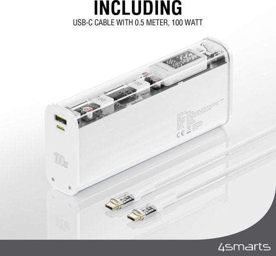 4smarts Lucid Block Powerbank 20.000 mAh - Snellader 100W - met Digitale Display - geschikt voor opladen MacBook/Laptop - Quick Charge en Power Delivery - Wit