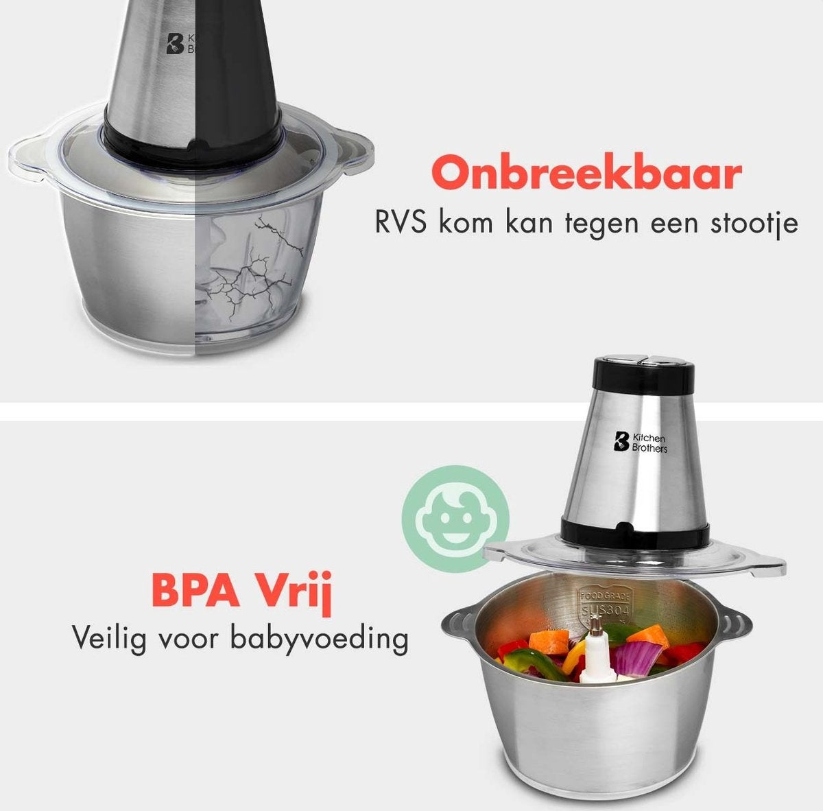 KitchenBrothers Hakmolen - Food Chopper - Elektrisch - 2 Snelheden - 300 W - 1,8 L - RVS Kom