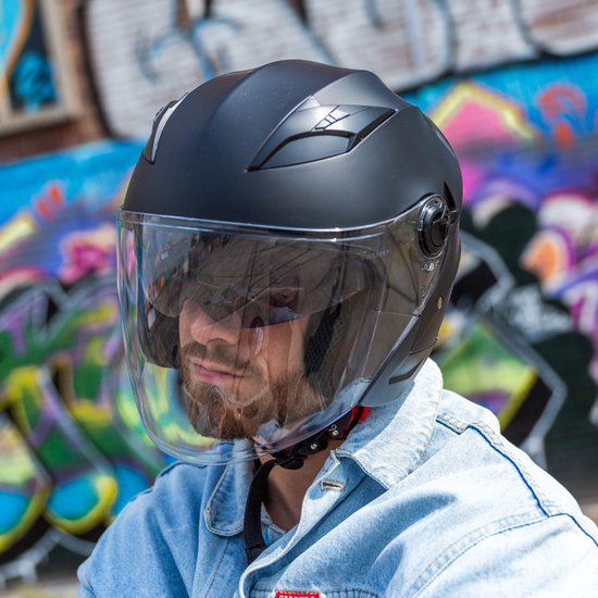 VINZ Calobra Jethelm met Zonnevizier - Scooterhelm & Motorhelm & Brommerhelm - ECE 22.06 - Mat Zwart - M