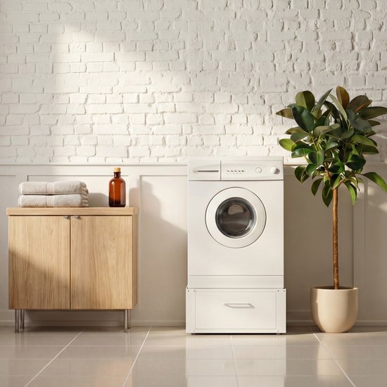 Vonia Wasmachine Verhoger - Wasmachine Verhoger met lade - Wasmachine Sokkel - Wasmachine Kast - Wasmachine ombouw - 63x54x31 - Wit