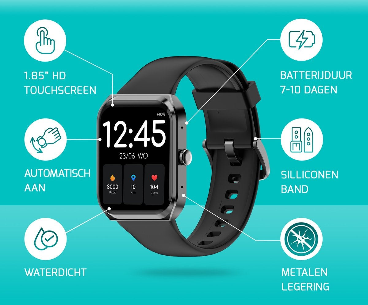 FITAGE Smartwatch - Smartwatches - Stappenteller - Sporthorloge - Smart watch - Activity Tracker - Dames en Heren - Zwart
