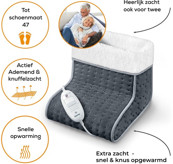 Beurer FW 20 Elektrische Voetenwarmer - 3 Warmtestanden - Tot maat 47 - Snelle opwarming - Automatische uitschakeling - Fleece/Teddy - Voering machinewasbaar - 3 Jaar garantie - Grijs