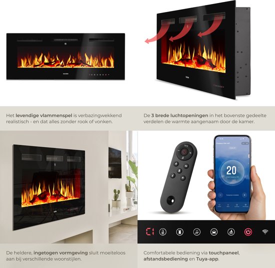 tectake® Wandhaard - Elektrische Haard - Sfeerhaard - 106,5 x 12 x 43 cm - 900W & 1800W - Bediening met Afstandsbediening of App - met Thermostaat - Kachel - met Verwarming - Haarden - Hout en Gloeieffecten - 3D Vlammen - Timer