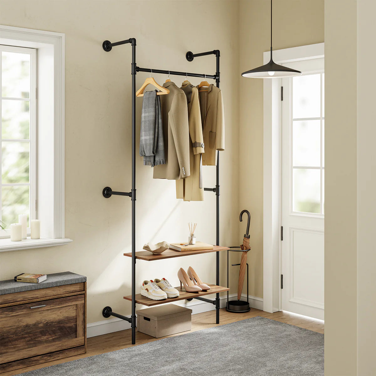 SoBuy KLS20-SCH Compact Wandkledingrek met 2 MDF-Planken - Industrieel Zwart - 91,5x48x220 cm