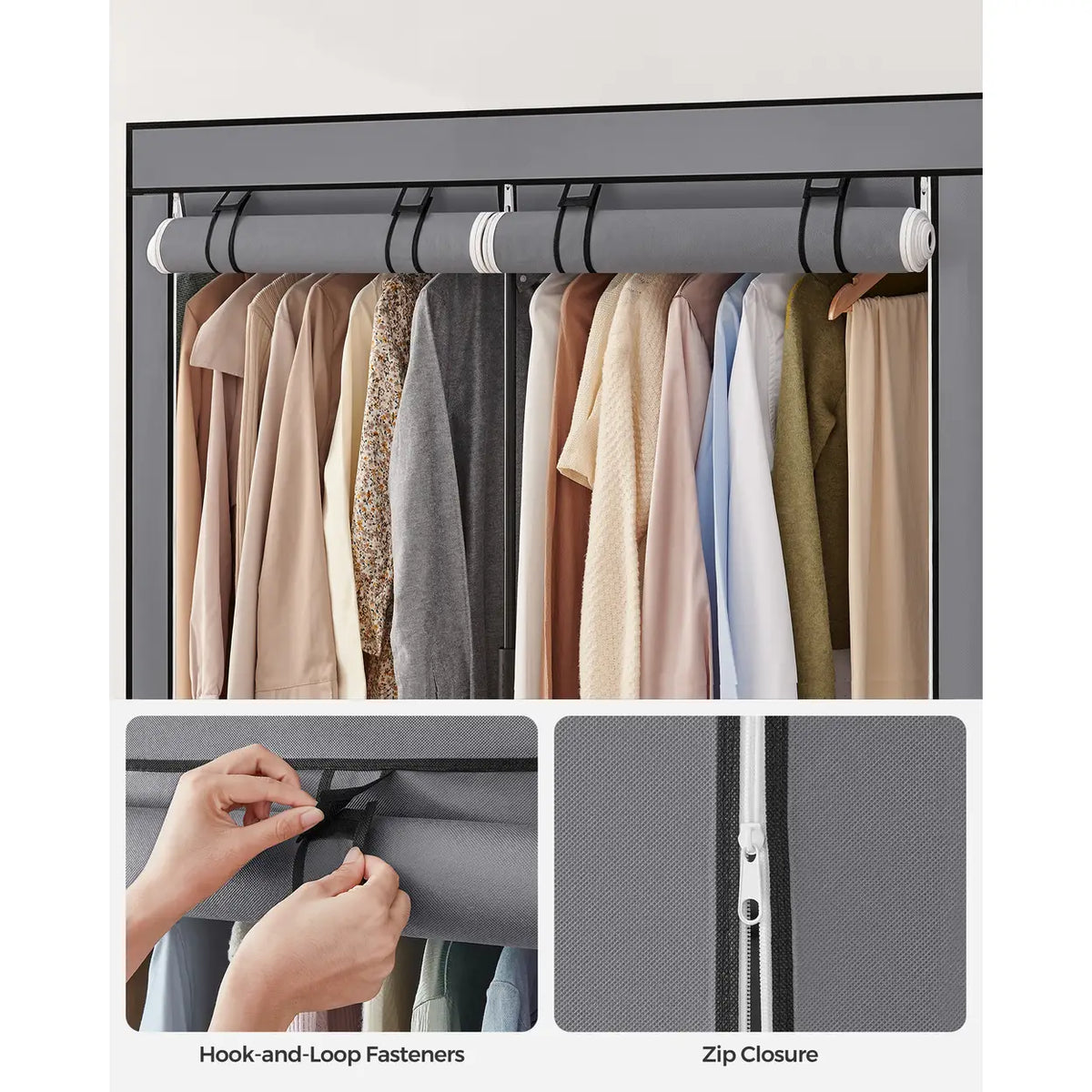 Joyfurnos Opvouwbare Stoffen Kledingkast met Dubbele Rail - 2 Deuren - 43 x 140 x 174 cm - Grijs