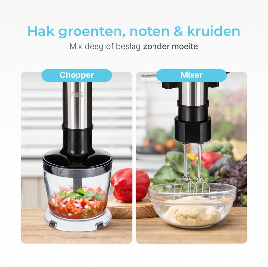 Goodforce 7 delige Staafmixer set – Inclusief Hakmolen, garde, melkopschuimer, klopper & Maatbeker – krachtig & vaatwasserbestendig – 12 snelheden + turbofunctie – 1000W – PFAS-vrij
