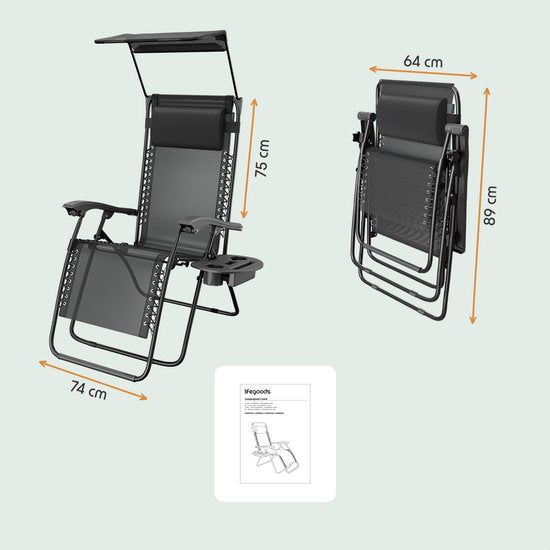 LifeGoods Opvouwbare Tuinstoel - Verstelbaar Zonnescherm - Ligstoel Tuin - 30°-90° Verstelbaar - Metaal - Zwart