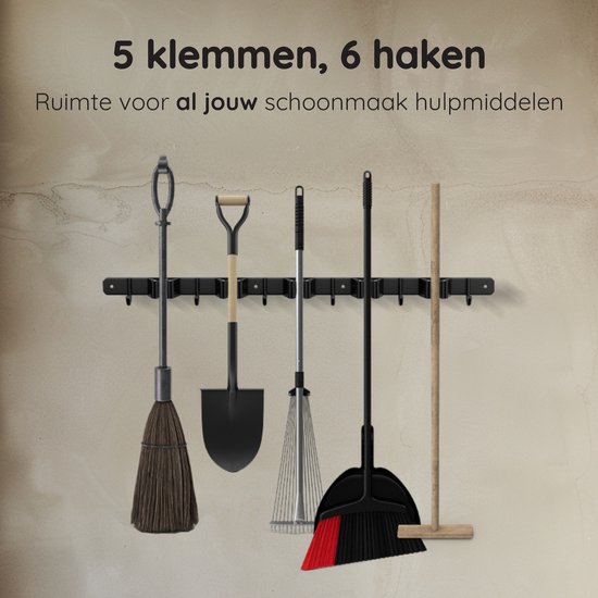 Volcan Bezemhouder - Bezem Ophangsysteem Tuingereedschap - Gereedschapshouder - 3M Tape - 5 Houders 6 Haken - RVS Zwart