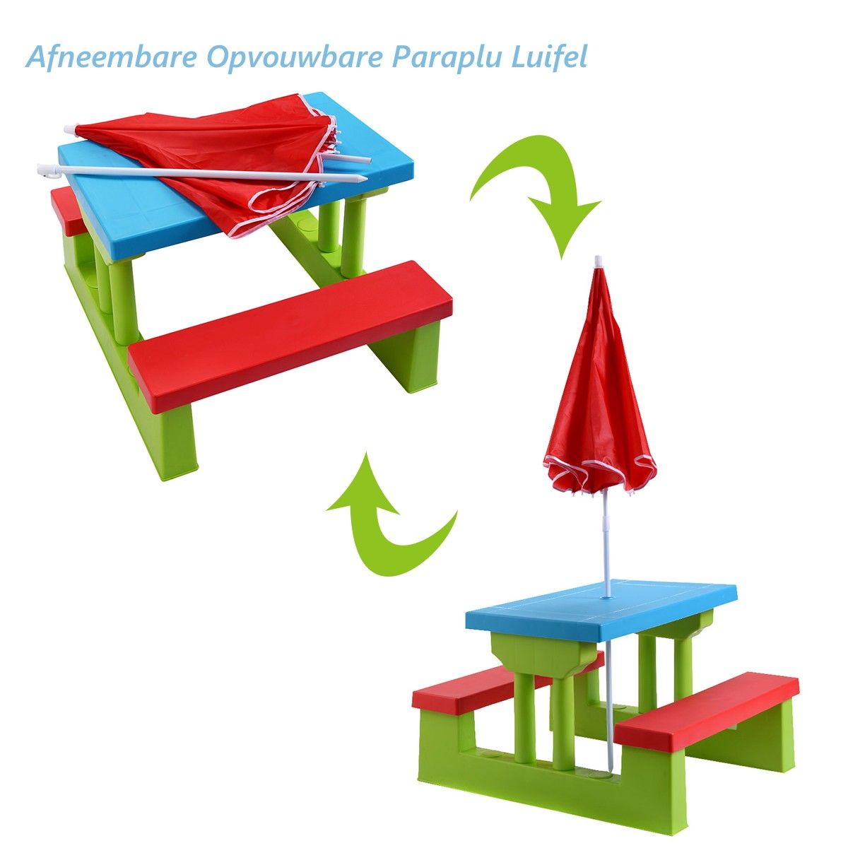 Coast Picknicktafel voor Kinderen - Met Parasol - 2 Banken - Max. 50 kg - 67 x 41 x 47 cm - Rood / Blauw / Groen