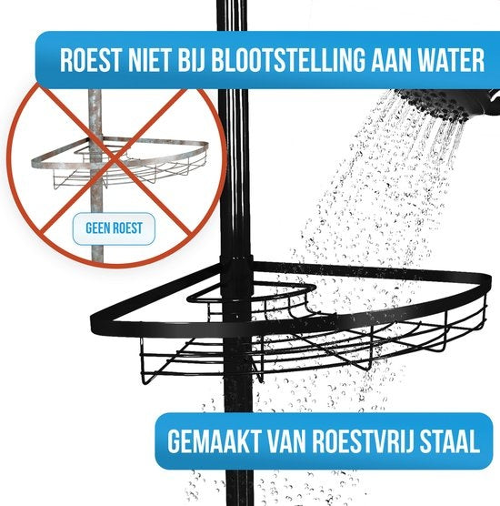 Strex Telescopische doucheplank hoek - 4 korven - RVS - Verstelbaar 70-275 cm - Zwart - Max.20 kg -