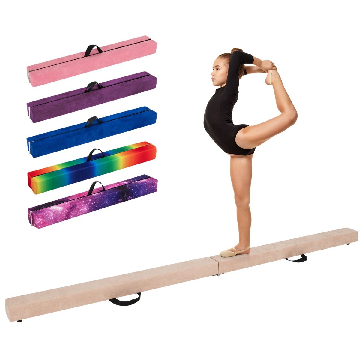 Coast Opvouwbare Evenwichtsbalk - schuimrubber gymnastiekbalk - stevige houten basis - paars/roze/blauw/aardgeel/regenboog - 270 x 10 x 7,5 cm