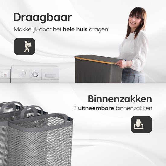 Dymac Wasmand 145 Liter | 3 Compartimenten | Bamboe Wassorteerder | Met 3 uitneembare waszakken | Wasmand 3 vakken | Wasmand met deksel | Grijs