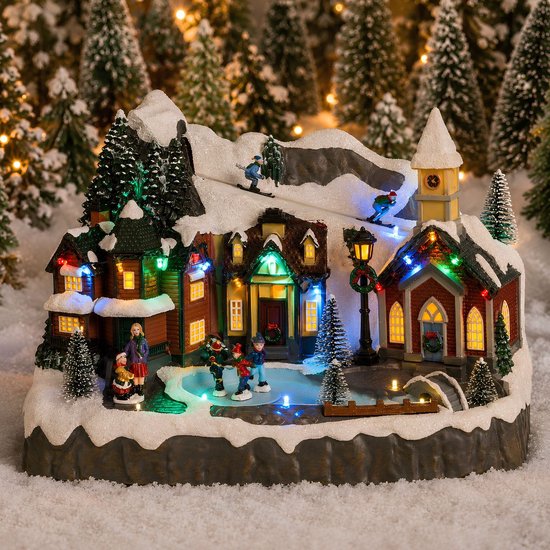 Luville Kerstdorp Miniatuur Dorpsplein - Kerstversiering met Schaatsende Bewoners - Kerst Decoratie met LED-verlichting en Draaiende Figuren - L34 x B18 x H24 cm - Wit