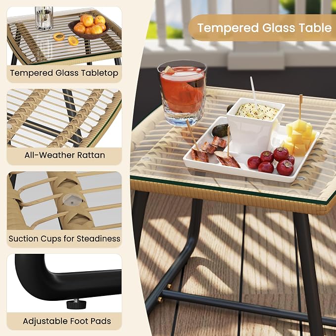 Yaheetech 3-delige Bistroset Tuin - Beige/Zwart - Rotan Tuinset met Glazen Tafel en 2 Stoelen