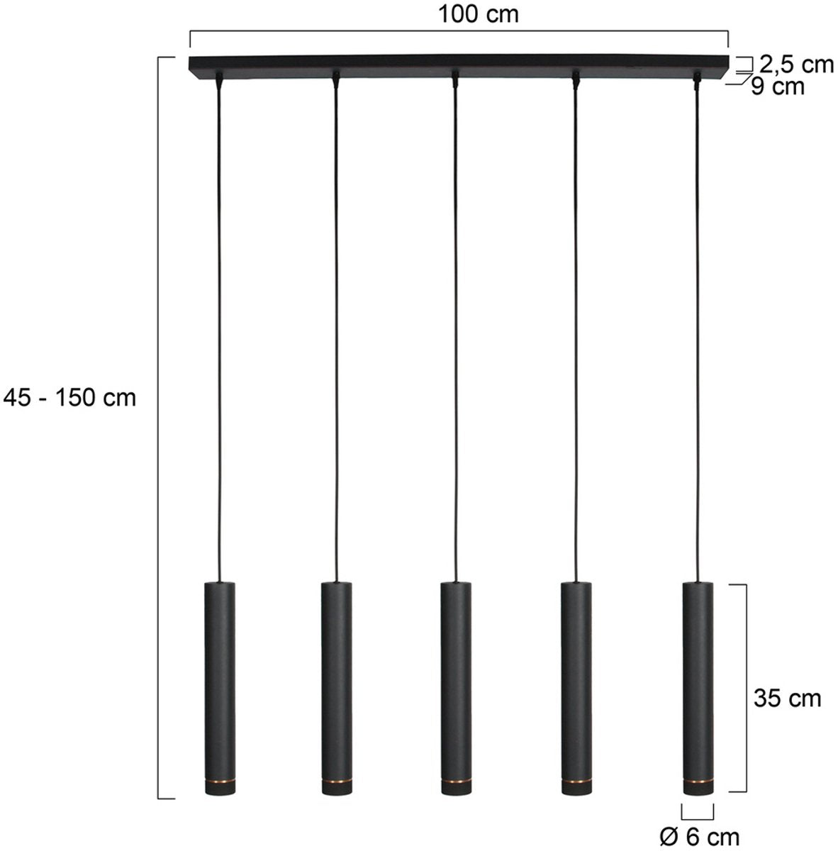 Mexlite Hanglamp DownLume – 5-Lichts – Zwart Metaal – Grote Eettafellamp – GU10 – Modern Design