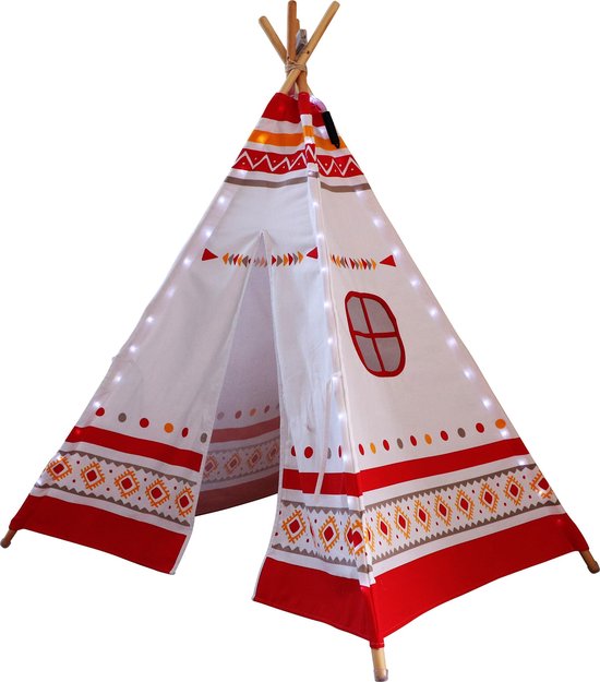 Sunny LED Tipi Tent Rood/wit - 60 LED lampjes - FSC houten palen - 120 x 120 x 160 cm