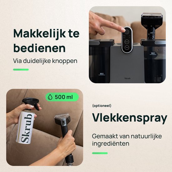 Skrub 4 in 1 Compacte Tapijtreiniger met Heet water - Verwarmbaar tot 60°C - Vlekkenreiniger - 4 Opzetstukken - 1200 Watt - Bankreiniger machine