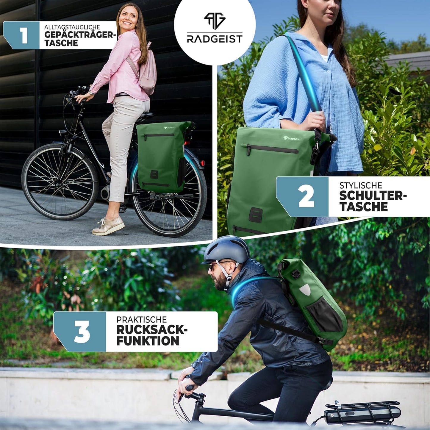 RADGEIST 3in1 fietstas voor bagagedrager I fietstas, rugzak & schoudertas 18-22L I tas voor fiets 100% waterdicht groen