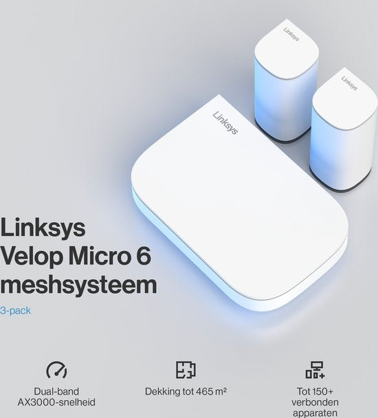 Linksys Velop Micro Mesh 6 - Router - WiFi 6 - Dual-band - Mesh WiFi - 3000 Mbps - 3-pack - Wit