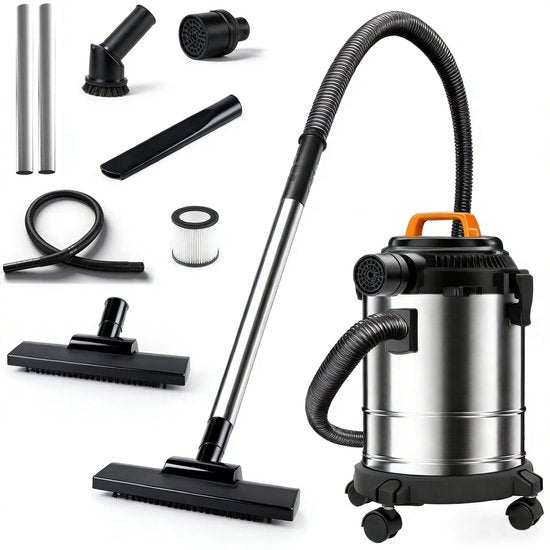 Fuegobird - Electric wet and dry vacuum cleaner - krachtig 2000W - Grote capaciteit 18 L - 4m cord - Blower connection - 7 accessoires - 1.6 m plastic hose - HEPA filterl - Bouwstofzuiger - RVS zuiger