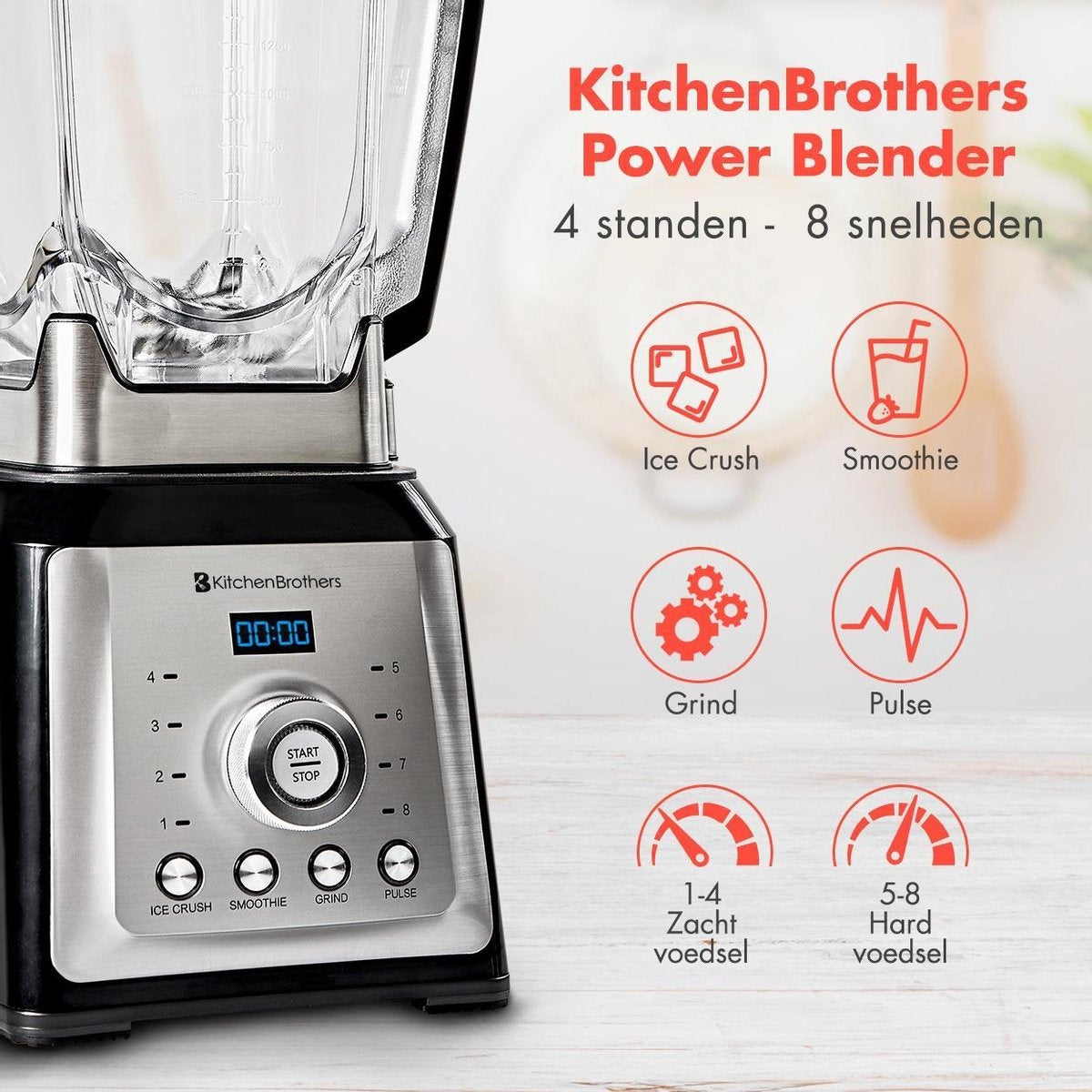 KitchenBrothers - Power Blender - 2000W - 2L - 8 standen/4 snelheden - Roestvrij staal