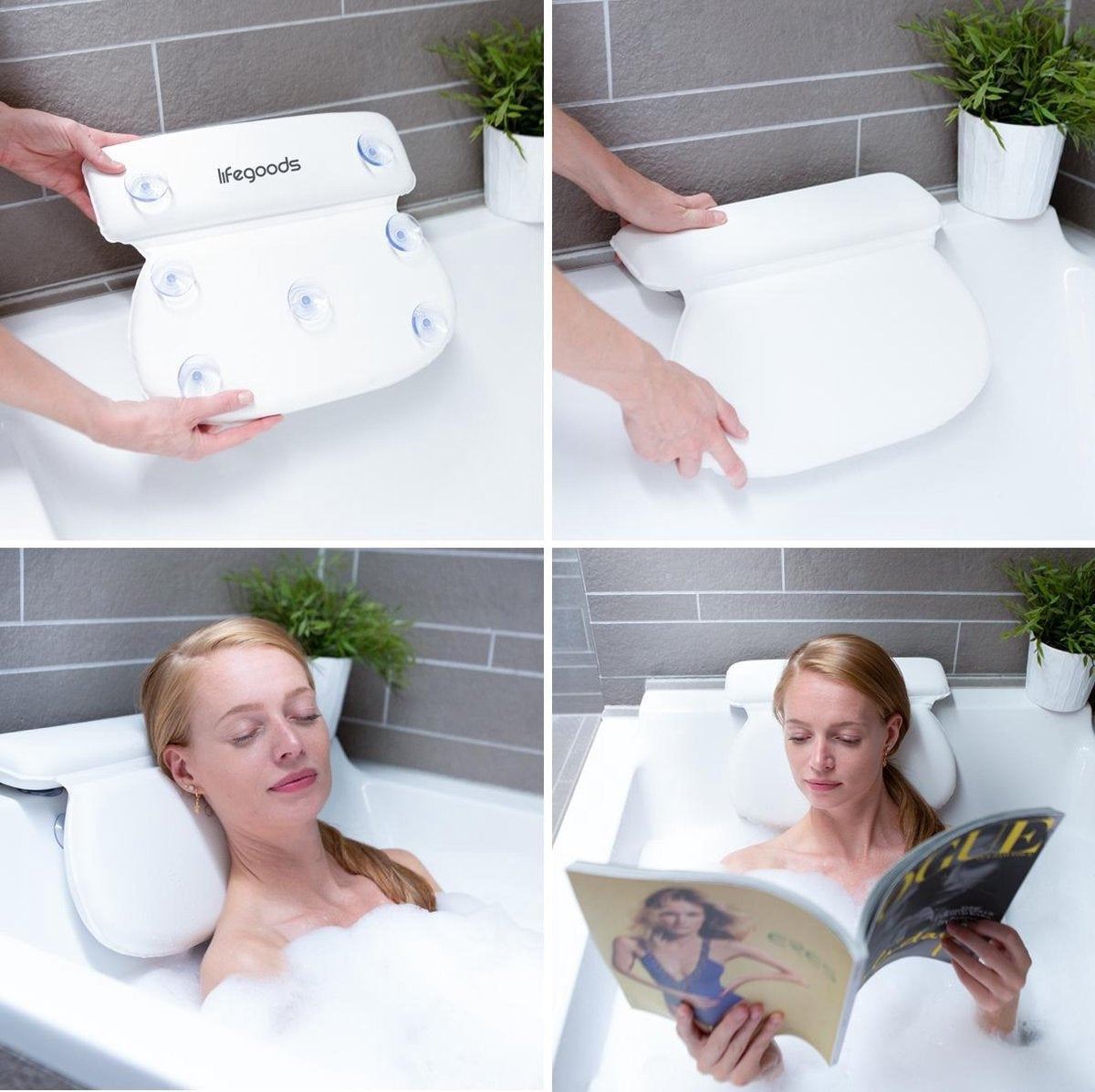 LifeGoods Badkussen - met Anti Slip Zuignappen - voor in Bad en Jacuzzi - Wit