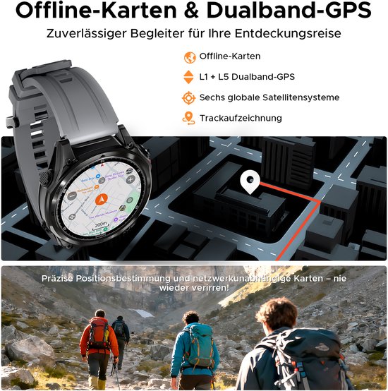 DOOGEE Anywise W1 Pro -Militair smartwatch-AI spraakbesturing-5ATM-Dual band GPS-Offline kaarten-170 sportmodi-1,43 inch AMOLED-Fitnesstracker-Bellen en gebeld worden-18 dagen extra lange batterijduur-Zaklamp-Geschikt voor Android en iPhone